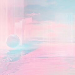 Aufkleber - Dreamscape: Abstract Pastel Waterscape with Geometric Elements and a Luminous Sphere in Light Pink and Blue 