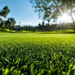 Poster - Emerald Dream: Low-Angle View of Manicured Green Golf Course with Sunrise, Blurry Trees and Blue Sky