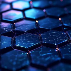 Poster - Glowing Hexagon Network: Abstract Futuristic Technology with Dark Blue and Purple Light, Connected Dots, and Refractive Surfaces