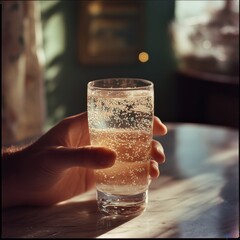 Poster - Hand Holding Sparkling Water Glass on Marble Table in Warm Light, Refreshment and Relaxation