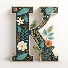 Sticker - Decorative Letter K Adorned With Floral Designs and Leaves. Generative AI