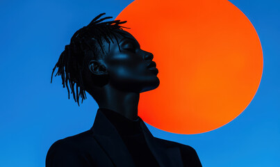 Poster - Powerful Silhouette in Brilliant Colors: Captivating Portrait of Modern Beauty Against a Vivid Sun and Sky