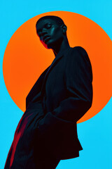 Poster - Striking Portrait of a Fashion Model Against a Bold Colorful Background Showcasing Contemporary Style and Artistic Expression