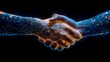 © Five Million Stock - Two hands shaking in the shape of an abstract digital network design, symbolizing collaboration and business, against a blue background with geometric patterns,