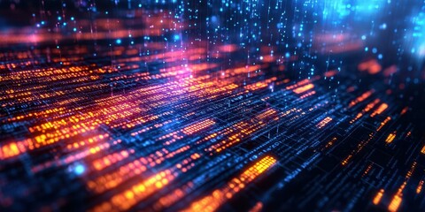 Fototapete - Colorful digital data stream flowing through futuristic virtual space at night