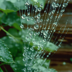 Spider web with fresh raindrops clinging to fine threads, set against lush green foliage, highlighting the intricate beauty of natural design and moisture.