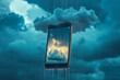 © Vasili - Surreal digital concept featuring a smartphone screen displaying a stormy sky, blending technology with nature and weather forecasting.