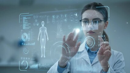 Poster - Caucasian woman doctor analyzing human body data on futuristic holographic interface. Medical professional using advanced technology for digital healthcare diagnostics in modern laboratory