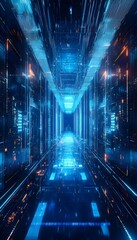 Poster - The Futuristic Tunnel of Data with Glowing Blue and Orange Lights