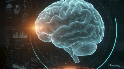 Poster - Futuristic digital brain scan with analytics dashboard. Advanced medical neuroimaging technology for brain diagnostics and treatment planning in next-generation healthcare innovation.