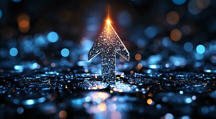 Poster - Glowing upward arrow with sparkles on dark background with blue bokeh lights. Abstract financial growth concept showing success and achievement.