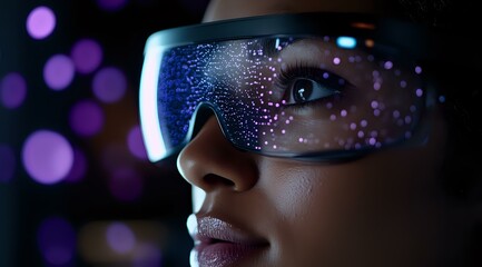 Poster - Young woman wearing futuristic visor glasses with digital particles and purple bokeh lights reflecting in lens, side profile view showing technology innovation.