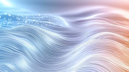 Poster - Abstract wavy lines creating fluid motion effect in soft blue and coral gradient background with bokeh sparkles and light effects. Modern flowing design element.