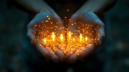 Poster - Glowing magical light and sparkles in cupped hands against dark background, creating heart-shaped illumination with floating golden particles and bokeh effect.