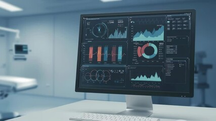 Poster - Advanced monitoring system in modern operating room with multiple screens displaying neural activity. Future medical technology for neurosurgery and patient diagnostics.