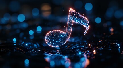 Poster - Glowing musical note with sparkles floating in dark space surrounded by blue bokeh lights, creating magical atmosphere for music and entertainment concepts.