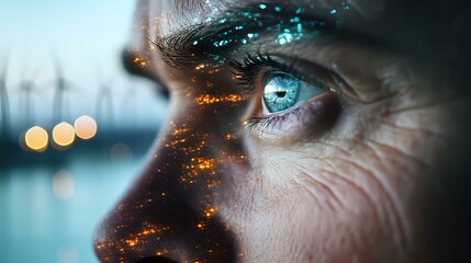Poster - Close up of blue eye with glowing orange and turquoise sparkles overlay effect, artistic portrait showing emotional depth and mystery against blurred city lights background.