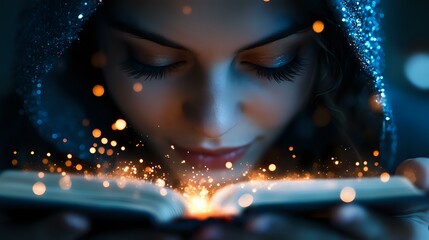 Poster - Young woman reading magical glowing book with sparkles and light effects in dark atmosphere, face illuminated by mystical warm bokeh lights and ethereal blue glow.