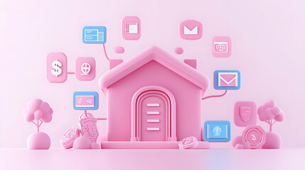 Poster - Pink Home with Digital Icons for Smart Living Concept