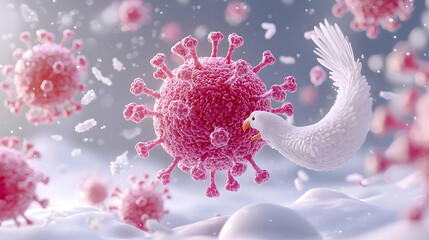 Poster - White Bird Approaching Pink Virus Structure in Abstract Environment