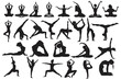 
A collection of yoga and meditation silhouette icons representing different mindfulness and relaxation poses. This vector set includes various postures used in meditation, stretching, and exercise 