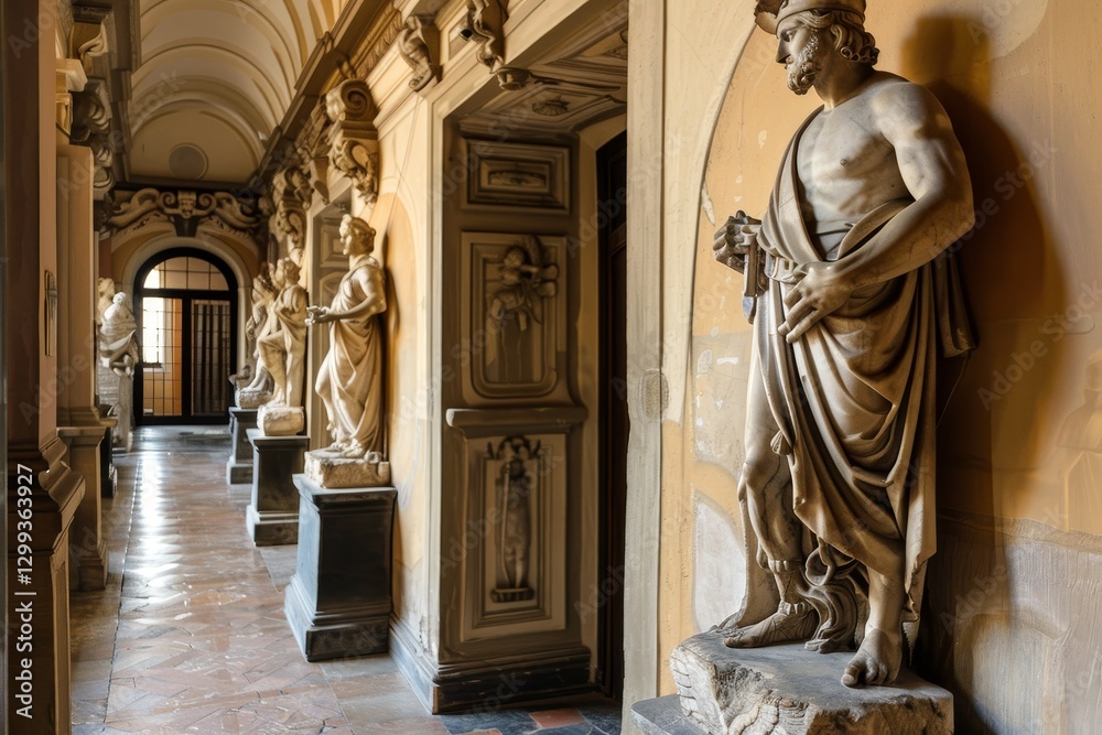 Statues of Roman deities line the walls of a grand hallway, showcasing ...
