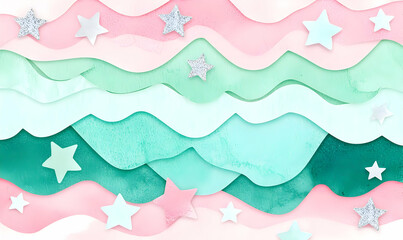 Poster - Colorful Paper Waves with Stars in Pastel Shades and Textures
