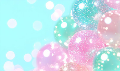 Poster - Glittering Colorful Bubbles with Soft Blue Background