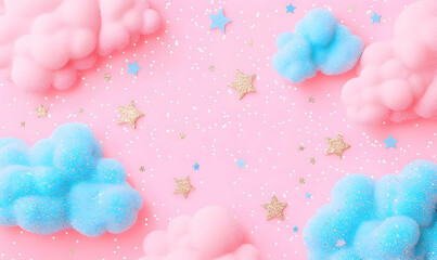 Poster - Colorful Clouds with Glitter Stars on Soft Pink Background
