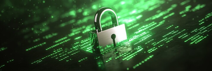 A cybersecurity symbol depicted as a digital lock surrounded by a cascade of green binary code