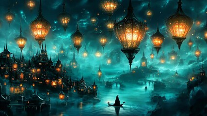 Wall Mural - wandering over a mystical lake under illuminated lanterns in an enchanting cityscape at twilight