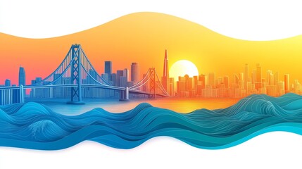Poster - a paper cut design showing a city view with a sun, tower, and hills in layers