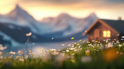 Wall Mural - a house sits amidst a field surrounded by blooming flowers, framing a majestic mountain range with s
