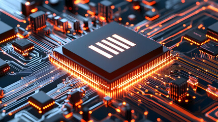 Poster - Futuristic Circuit Board with Glowing Components and Microchip Detail