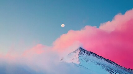 Wall Mural - snowy mountain beneath pink sky with half moon in center and clouds in foreground
