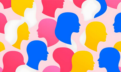 Poster - Colorful Silhouettes of Diverse Heads and Faces on Soft Background