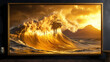 © Thiago - Golden wave interior decor: a dramatic, golden wave captured in a framed photograph adds a touch of nature's majesty to a modern, minimalist living room. Majesty - Mountain. Illustration
