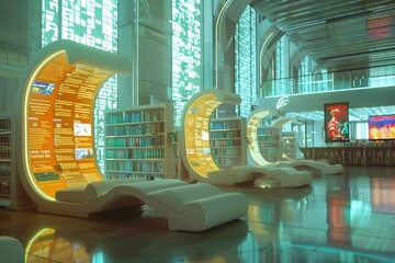 Poster - A futuristic library with holographic displays and a large window overlooking a city, A futuristic library filled with holographic displays of knowledge