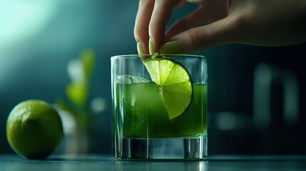 Wall Mural -   A close-up of someone adding a lime to a glass of water and placing it next to the glass