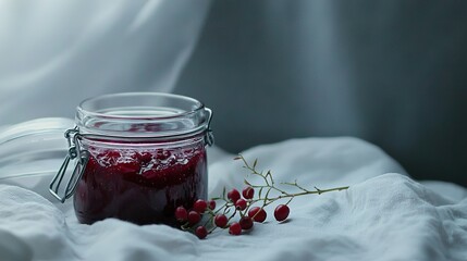 Wall Mural -   Glass jar with liquid sits beside red berry sprig on bed