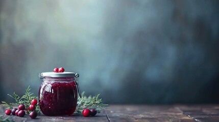 Wall Mural -   A jar of cranberry sauce sits atop a wooden table beside berries and a sprig of rosemary