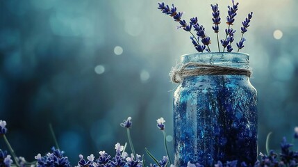 Wall Mural -   A blue jar of purple flowers sits atop a field of the same in front of a blue backdrop