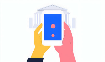Poster - Hands Holding Smartphone with Colorful Screen and Building Background