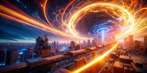 Aufkleber - Abstract Energy Wave: Neon Orange Light Trails & Swirling Motion