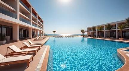 relaxing luxury resort with a stunning pool, palm trees, and modern architecture under a clear blue 