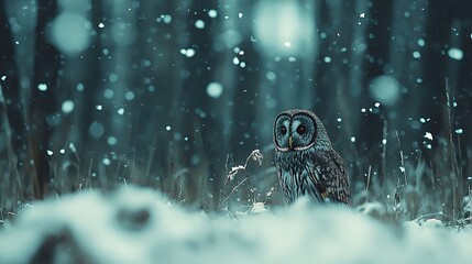 Wall Mural - an owl perches amidst a snowy field, surrounded by snowflakes on the ground and distant trees