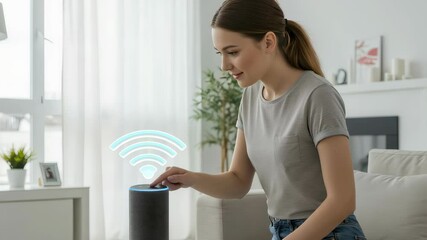 Poster - Caucasian woman using smart speaker with voice control in modern living room. Home automation assistant for controlling devices, playing music and answering questions.