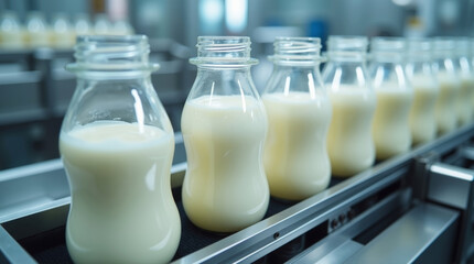 automated yogurt production line: glass jars on conveyor belt in modern dairy factory