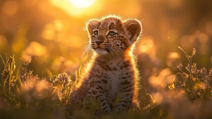 leopard cub sits in meadow at sunset, perfect for wildlife or nature stock imagery