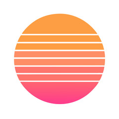 Poster - a minimalist sunset illustration with vibrant colors, evoking warmth and tranquility. The circular shape contains horizontal stripes in shades of orange, pink, and yellow vector illustration